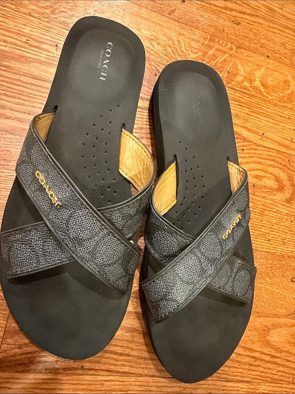 size 9.5 coach Black Cross-Strap Men’s Slide Sandals with Tan Accent